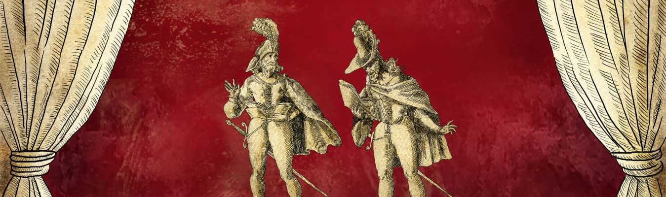 Illustration colorée de 2 acteurs de théâtre avec costumes anciens
